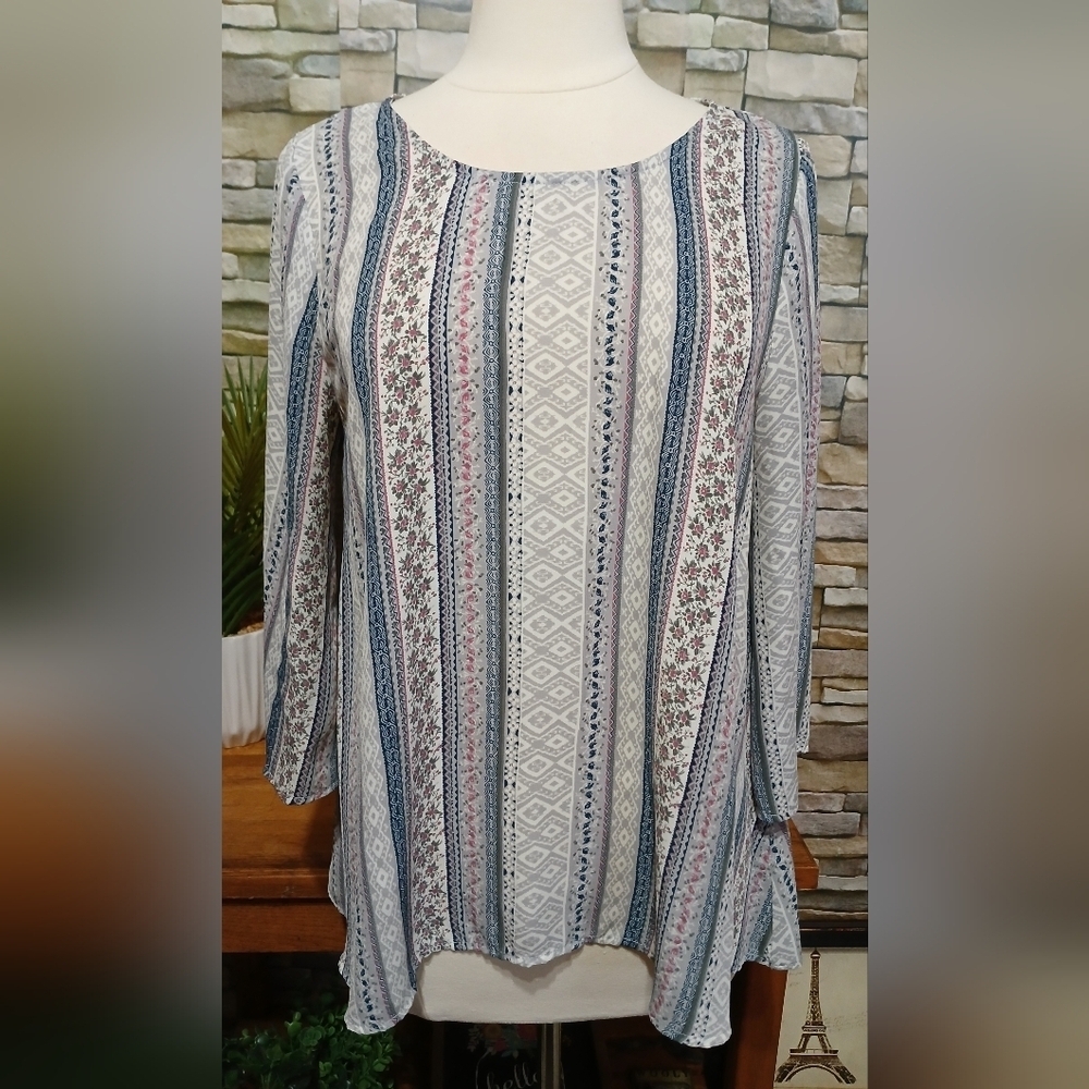 Alya Floral Striped Abstract Flowy Blouse‎ Top Large Whimsigoth